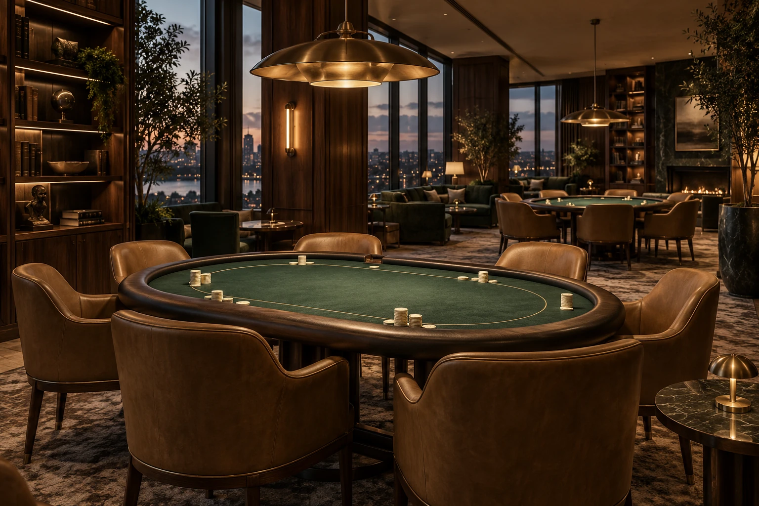 A contemporary club lounge with green practice tables, walnut walls and warm pendant lights